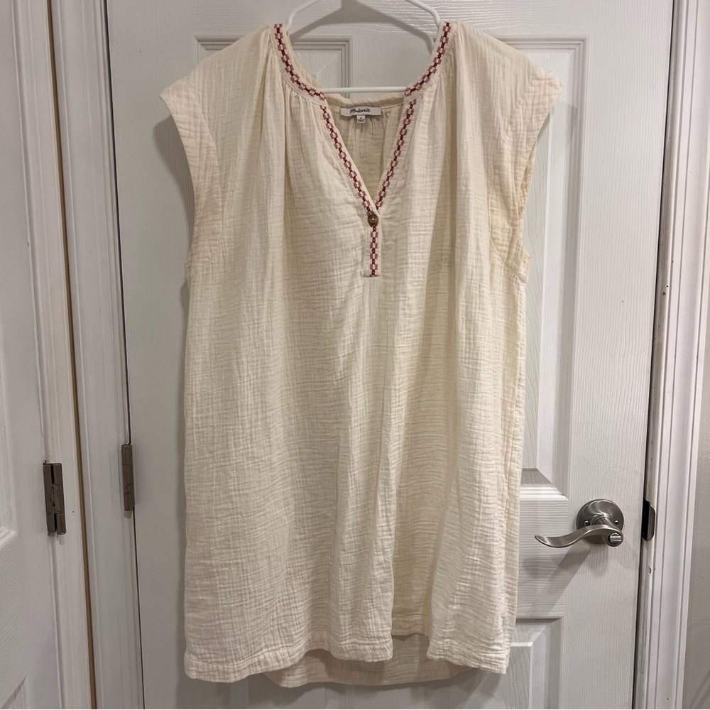 Madewell Cream Gauze Mini Dress with Red Embroidered Trim
